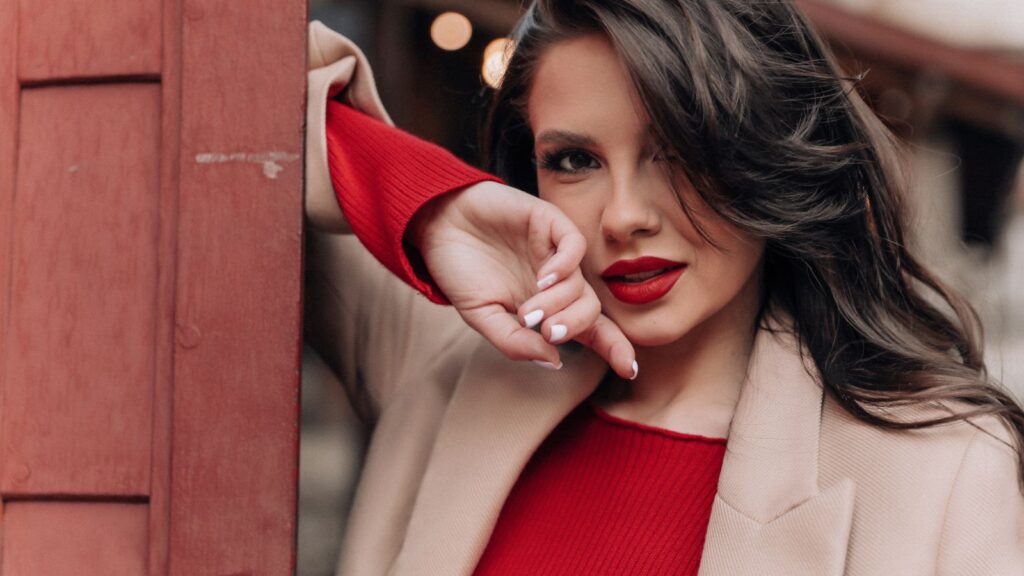 Camel jacket and red outfit